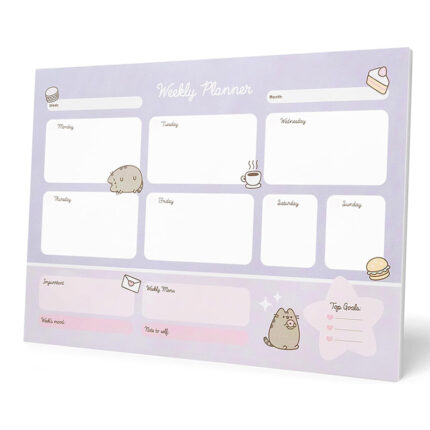 Planner tygodniowy Pusheen w pastelowych barwach z miejscem na dni tygodnia, notatki i listę zadań.