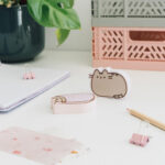 Zestaw dwóch gumek Pusheen na biurku w otoczeniu notesu, ołówka i klipsów.